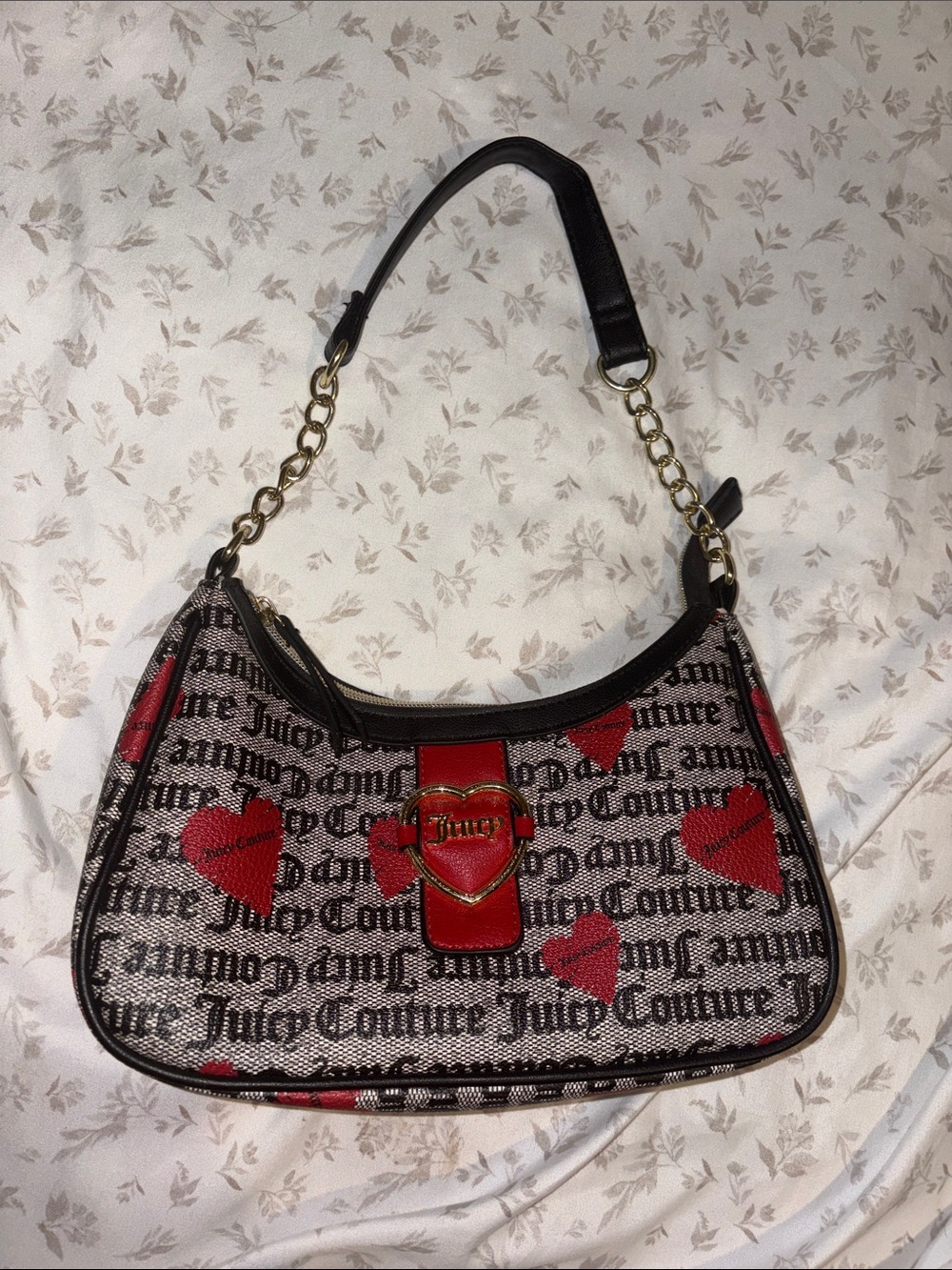 Juicy Couture Black Logo Shoulder Bag with Red Heart Accents